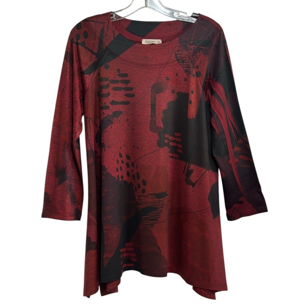 Jess & Jane Tunic Top Women Red Black Abstract 3/4 Sleeve USA Fall Artsy Boho M